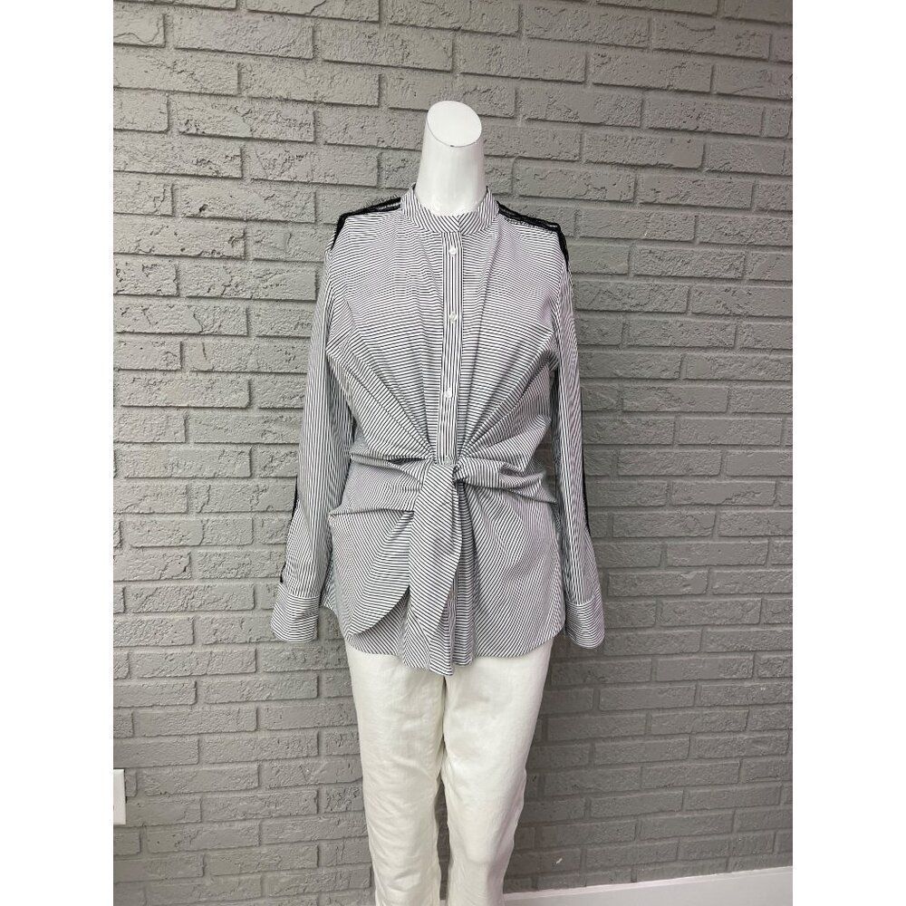 Worthington Women Black White Striped Long Sleeve Front Tie Shirt Size M